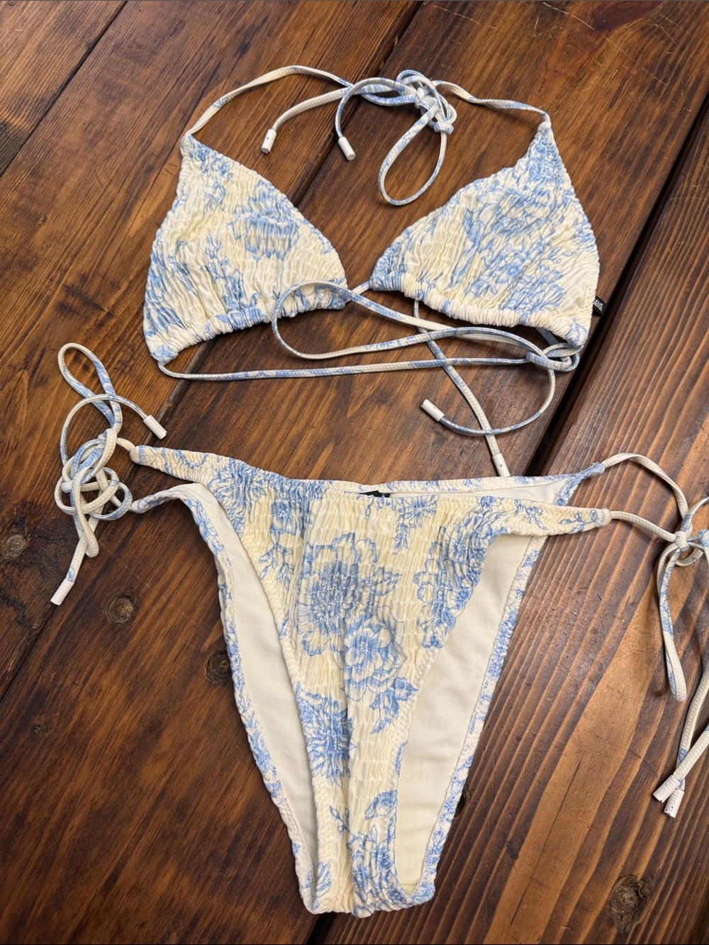 Triangl swimwear blue/cream 2 piece bikini. Like new. Top XL/Bottom L